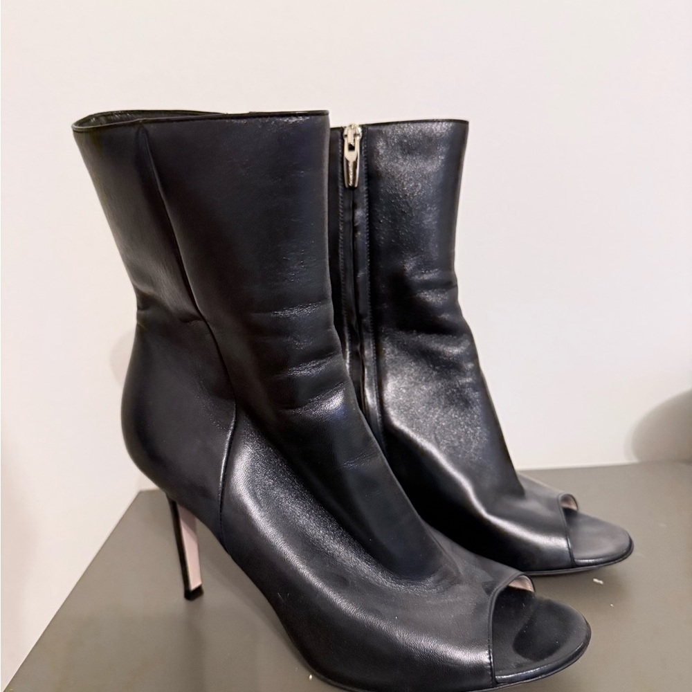 Gianvito Rossi Black Peep-Toe Mid-Calf Leather Heeled Boots